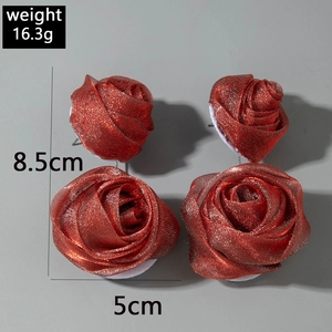Detailed size view of red rose earrings measuring 8.5cm in length and weighing 16.3g