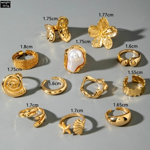 Detailed view of 12-piece gold ring set featuring starfish, shells, and faux pearls
