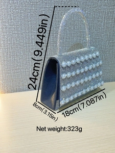 Elegant silver rhinestone handbag with pearl accents and 45-degree angle dimensions
