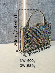 Pochette da sera vintage con strass colorati e manico dorato, misura 20x20x8cm