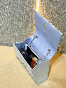 Silver glitter evening bag detail showing interior space for phone and makeup