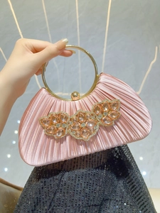 Women Pleated Satin Evening Bag Luxury Rhinestone Flower Clutch Gold Metal Handle Banquet Party Handbag With Chain Strap