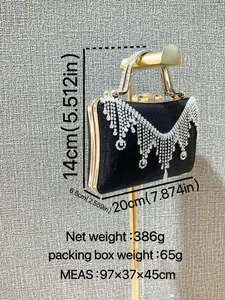 Black sequin evening bag with V-shaped rhinestone tassels and gold handle 20x14x6.5cm