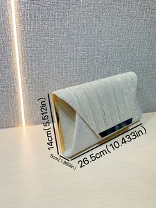 Silver glitter evening clutch bag with envelope flap and sleek metal trim for women