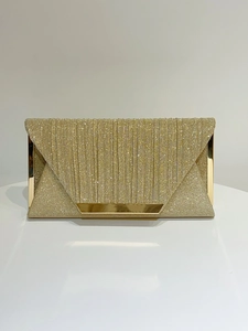 Front view of gold shimmer evening clutch bag with metallic trim and envelope flap