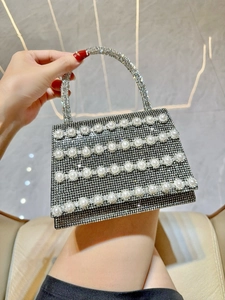 Women Luxury Rhinestone Evening Bag With Faux Artificial Pearl Elegant Box Handbag Crossbody Party Wedding Clutch Chain Strap Handle