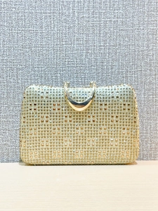 Champagne gold evening clutch bag with sparkling rhinestones and metal handle