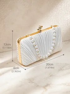 Elegant white pleated satin evening clutch with pearl handle and gold floral clasp