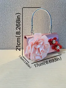 Pink floral evening bag with metal handle and rose decoration for wedding party style
