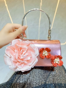 Elegant Satin Rose Evening Handbag With Metal Handle For Women Wedding Banquet Party Shoulder Crossbody Bag Floral Decor