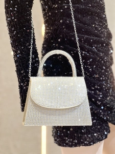 Sparkling silver rhinestone evening clutch with top handle and detachable chain strap