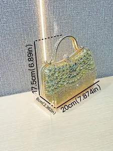 Luxury champagne gold crystal evening clutch bag with sparkling tassels and metal handle