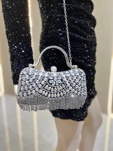 Luxurious rhinestone evening bag with sparkling tassels and silver metal handle