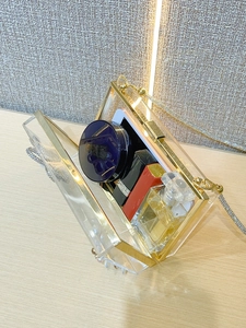 Detailed interior capacity of transparent acrylic evening bag with gold chain strap