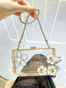 Detail of transparent acrylic evening bag with rhinestone flower and gold metal frame
