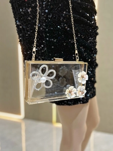 Detail of transparent acrylic clutch with floral rhinestone decor and gold chain strap