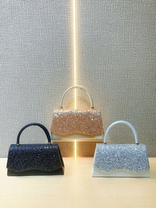 Elegant trapezoid evening bags with sequins in black, rose gold and silver blue