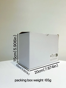 Detailed view of white rectangular packaging box with size labels and recycle icons