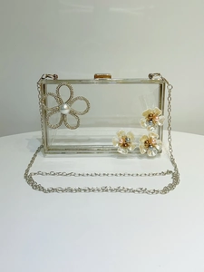 Detail of transparent acrylic evening clutch with rhinestone flowers and silver chain
