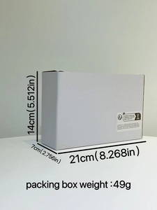 Detailed size and weight dimensions for the white corrugated cardboard packaging box