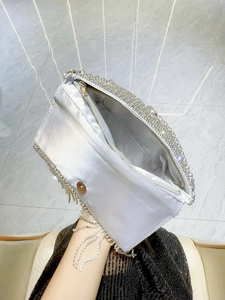 Sparkling silver rhinestone evening clutch bag with fringe chain for formal parties