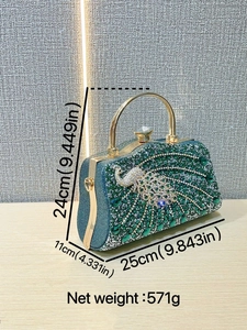 Green rhinestone peacock evening clutch bag with gold handle and 25cm size