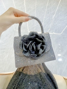 Women's Luxury Rhinestone Evening Handbag With Large Satin Rose Flower Sparkling Party Wedding Banquet Tote Bag