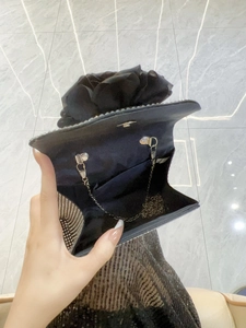 Black rose flower evening clutch bag with sparkling crystals and silver chain strap