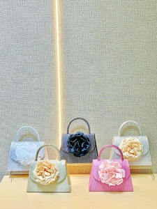 Sparkling rhinestone evening handbags with 3D flower decorations in five colors