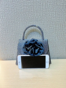 Detailed view of luxury evening bag with silver rhinestones and large black silk rose