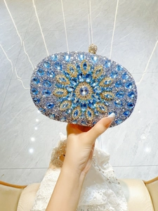 Detail of luxury rhinestone evening clutch with blue and silver floral crystal pattern