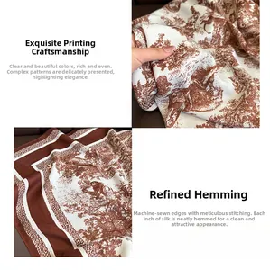 Detail of vintage forest animal print and exquisite machine-hemmed edges on silk scarf