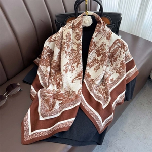 Women Elegant Toile De Jouy Print Square Scarf Polyester Faux Satin French Retro Forest Animal Pattern Shawl Wrap For Summer