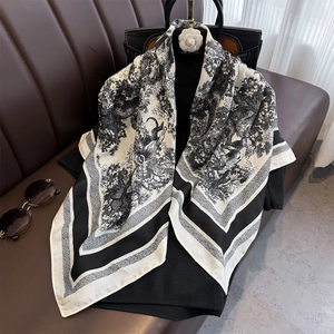 Elegant Toile de Jouy forest print large square scarf in black and white finish