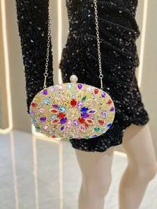 Detailed close-up of a luxury floral evening bag with colorful rhinestone embellishments