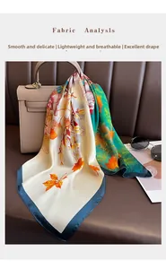 Detailed texture of floral silk scarf draped on a leather bag with fabric analysis
