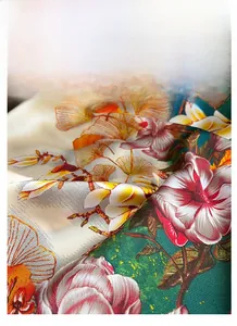 Detailed macro view of silk scarf fabric with floral and golden ginkgo leaf pattern