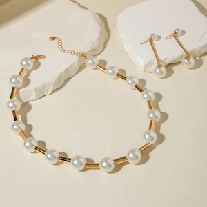 Elegant gold-tone faux pearl necklace and drop earring jewelry set for women