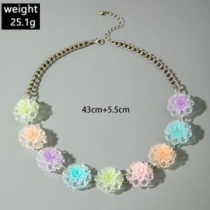 Macro detail of colorful resin flower pendant necklace with silver link chain and size info