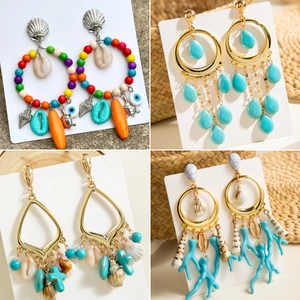 Pendientes de Gota Bohemios de Coral de Concha de Océano Resina Acrílico Aleación Chapada en Oro Turquesa Borla Estilo Étnico Joyería Mujer