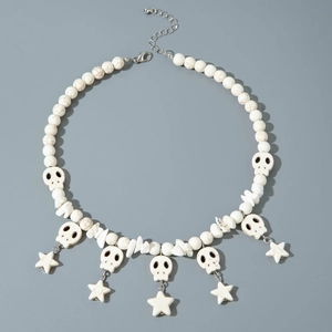 Punk style white beaded necklace with skull beads and five-pointed star charms
