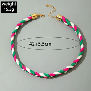 Vue détaillée du collier tressé coloré avec fermoir mousqueton et chaîne dorée réglable