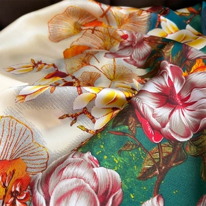 Elegant floral and ginkgo leaf silk scarf with a soft sheen and high-quality drape