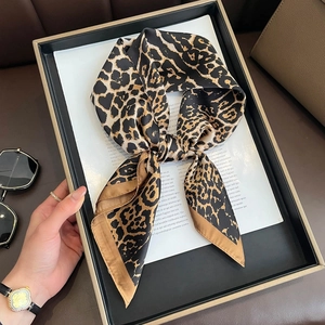 Women Leopard Print Faux Silk Satin Square Scarf Elegant Animal Pattern Bandana Hair Wrap Travel Sun Protection Neck Scarf