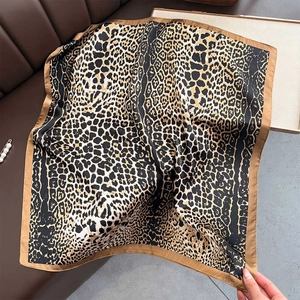 Fashion leopard print silk scarf for women, large square beach shawl with brown border