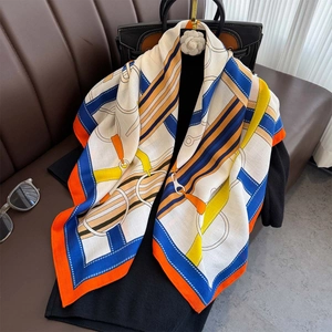 Women Large Square Satin Scarf Equestrian Belt Print Satin Feeling Fashion Shawl Professional Color Block Headwrap