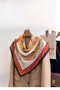 Close-up of vintage equestrian print scarf made of crinkled satin on a blazer