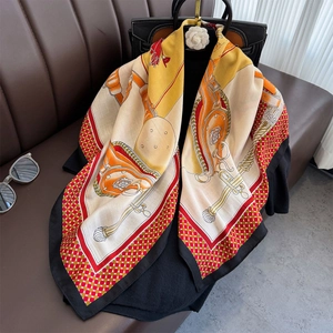 Elegant Equestrian Print Square Scarf Satin Like Polyester Satin Retro Horse Carriage Pattern Shawl For Women