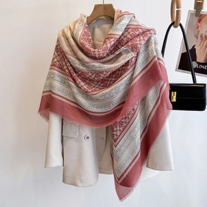 Women Large Square Scarf Shawl Ethnic Geometric Floral Print Polyester Cotton Linen Feel Vintage Bohemian Travel Wrap Pink