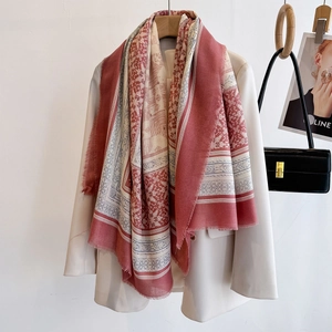 Ethnic retro pink shawl with geometric patterns and fringe for women travel photography
